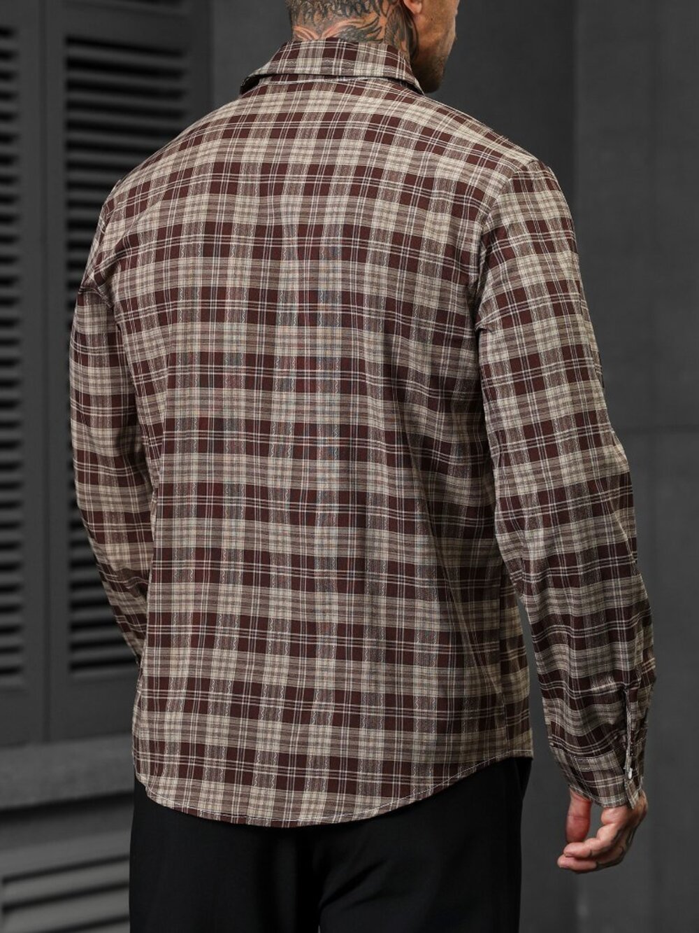 Brown Casual Men's Plaid Single-Breasted Long Sleeve Shirt - Picture 2 of 5